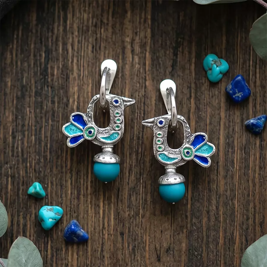 Серьги Птички с бирюзой
